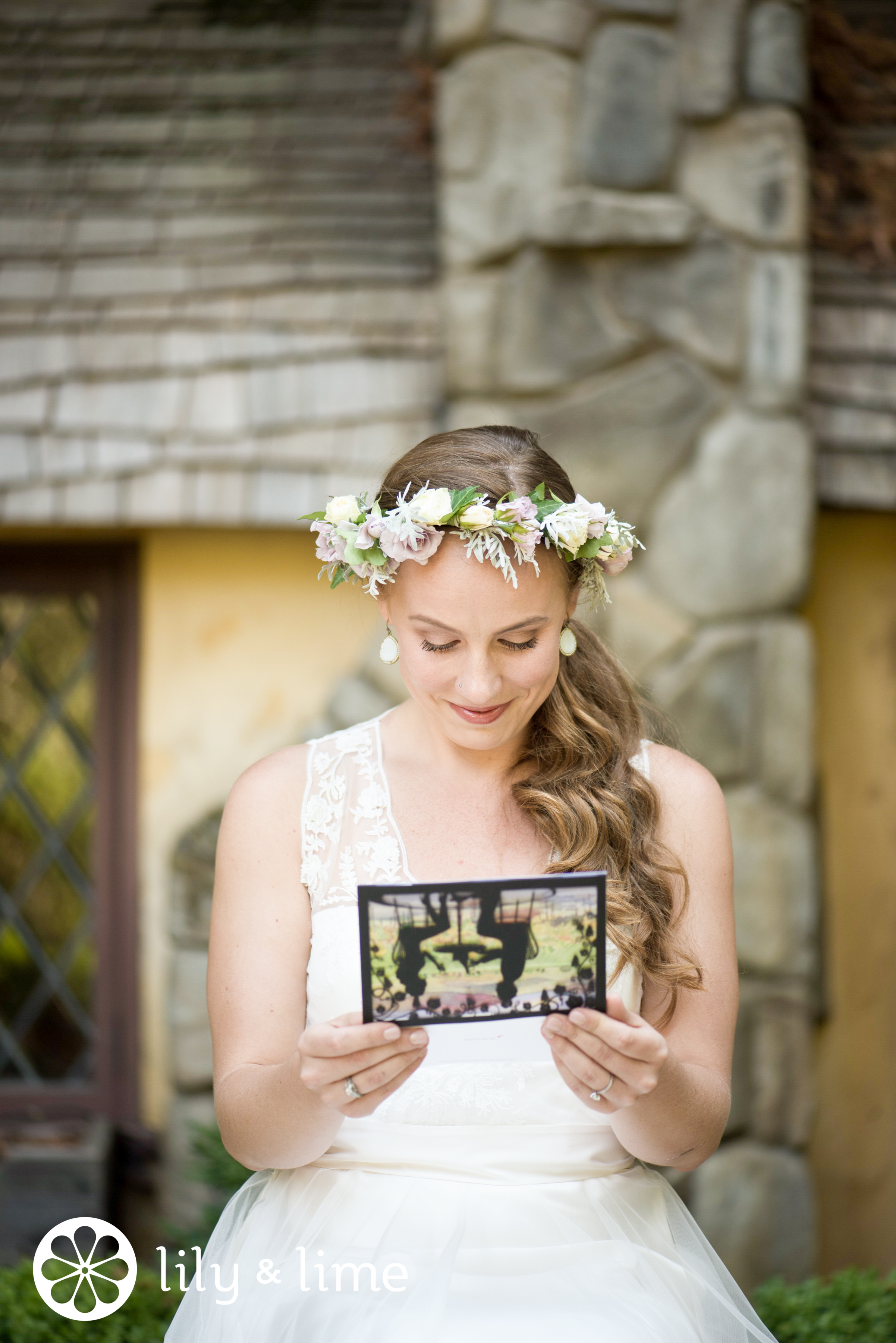 flower crown bride reading wedding day love note