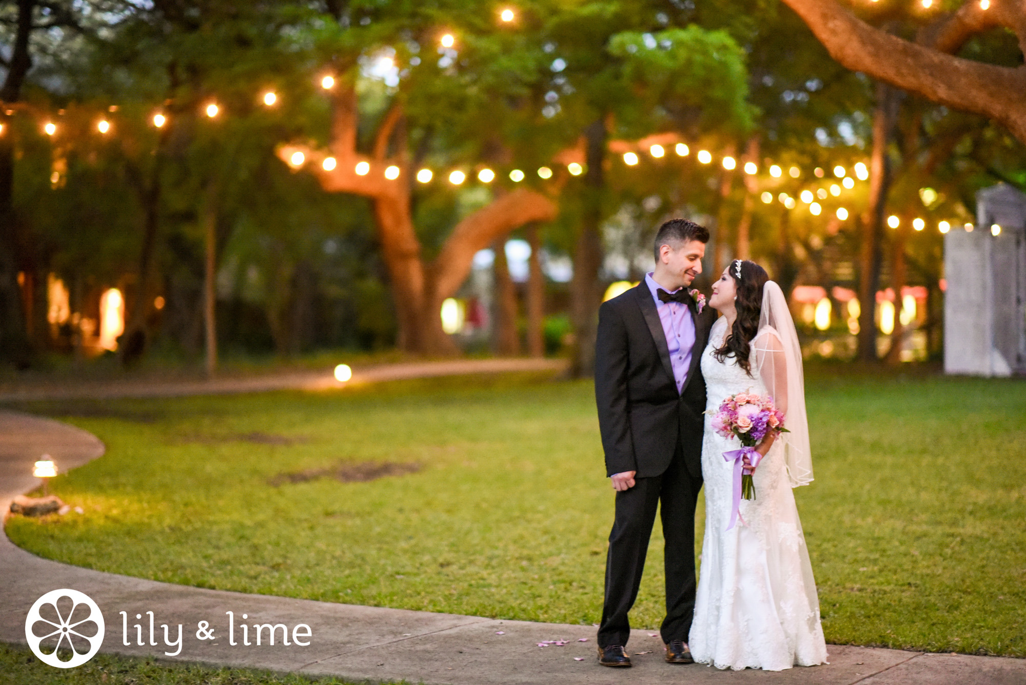 bride and groom outdoor bistro lights