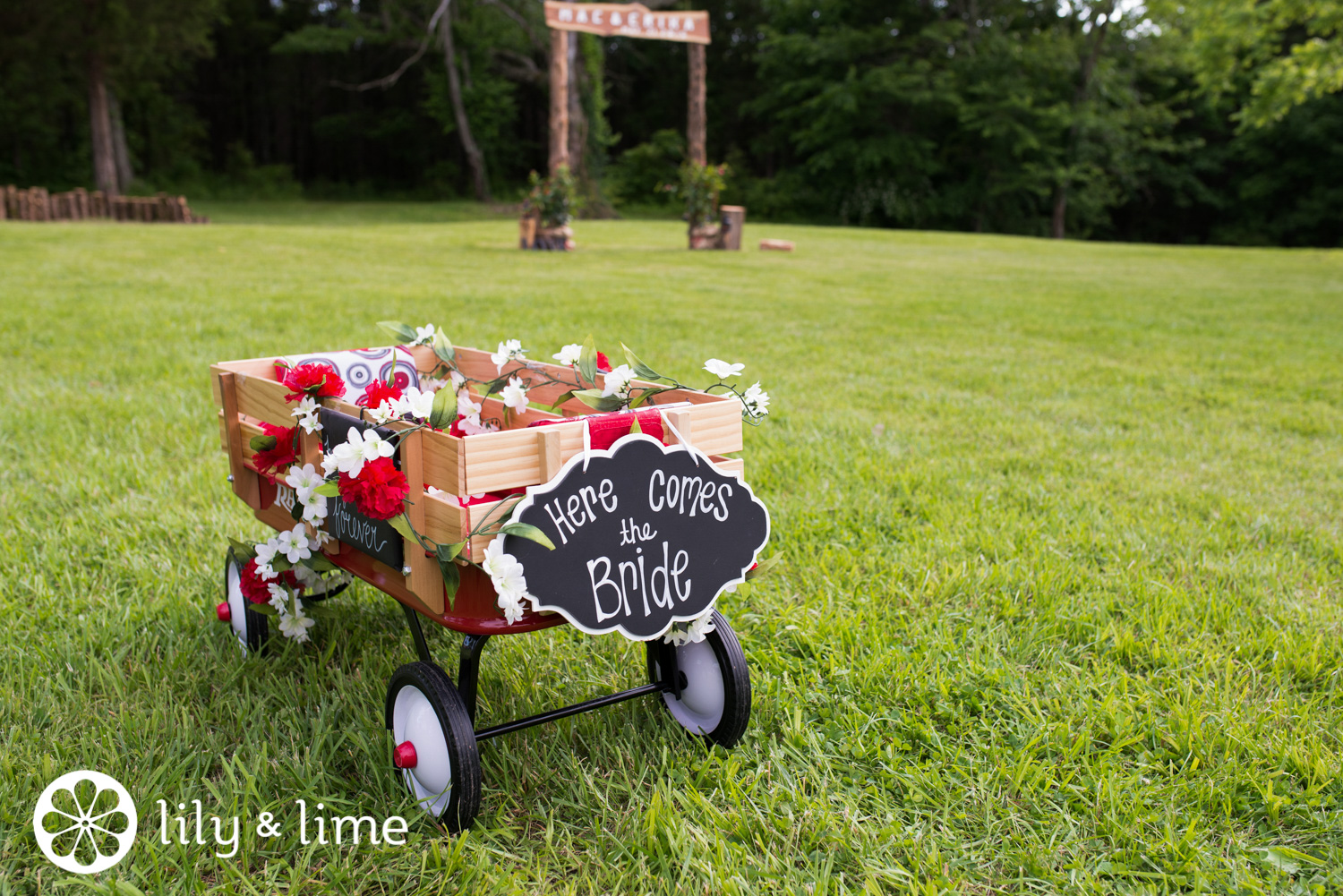 DIY red wagon wedding flowers