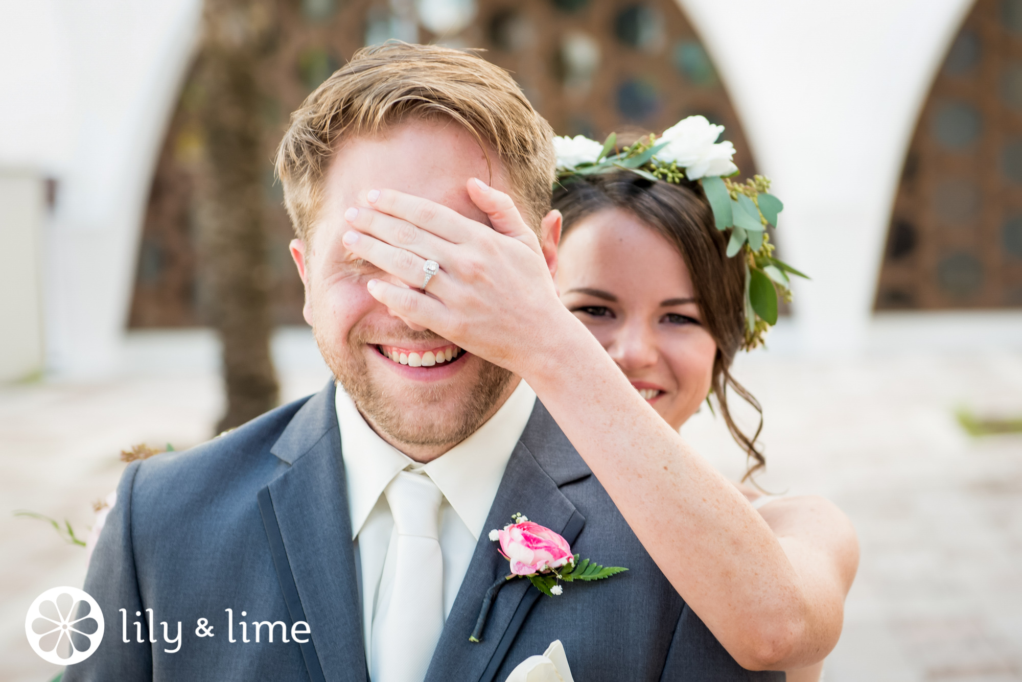 cute bride and groom first look photo