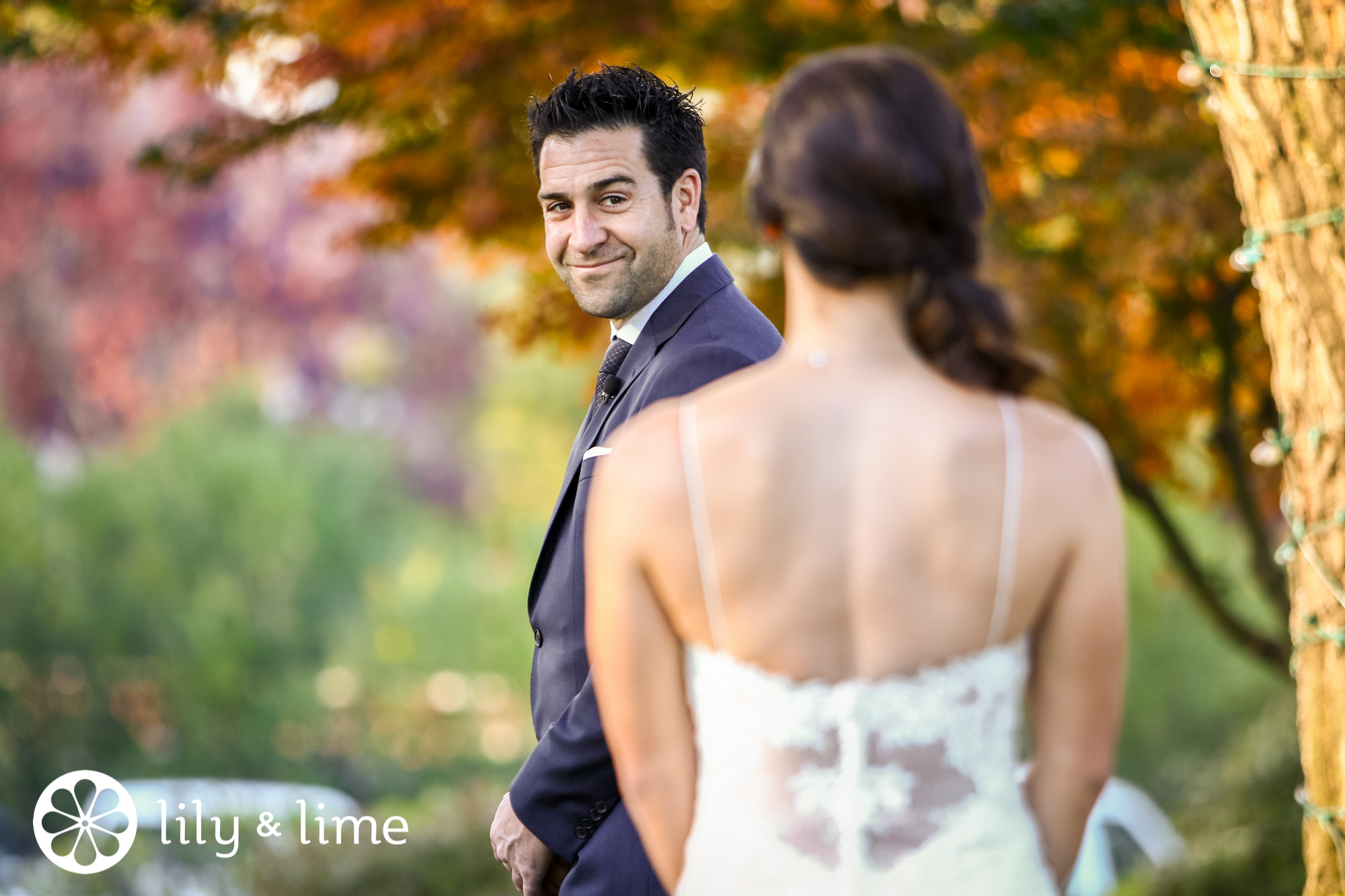 bride and groom first look photo