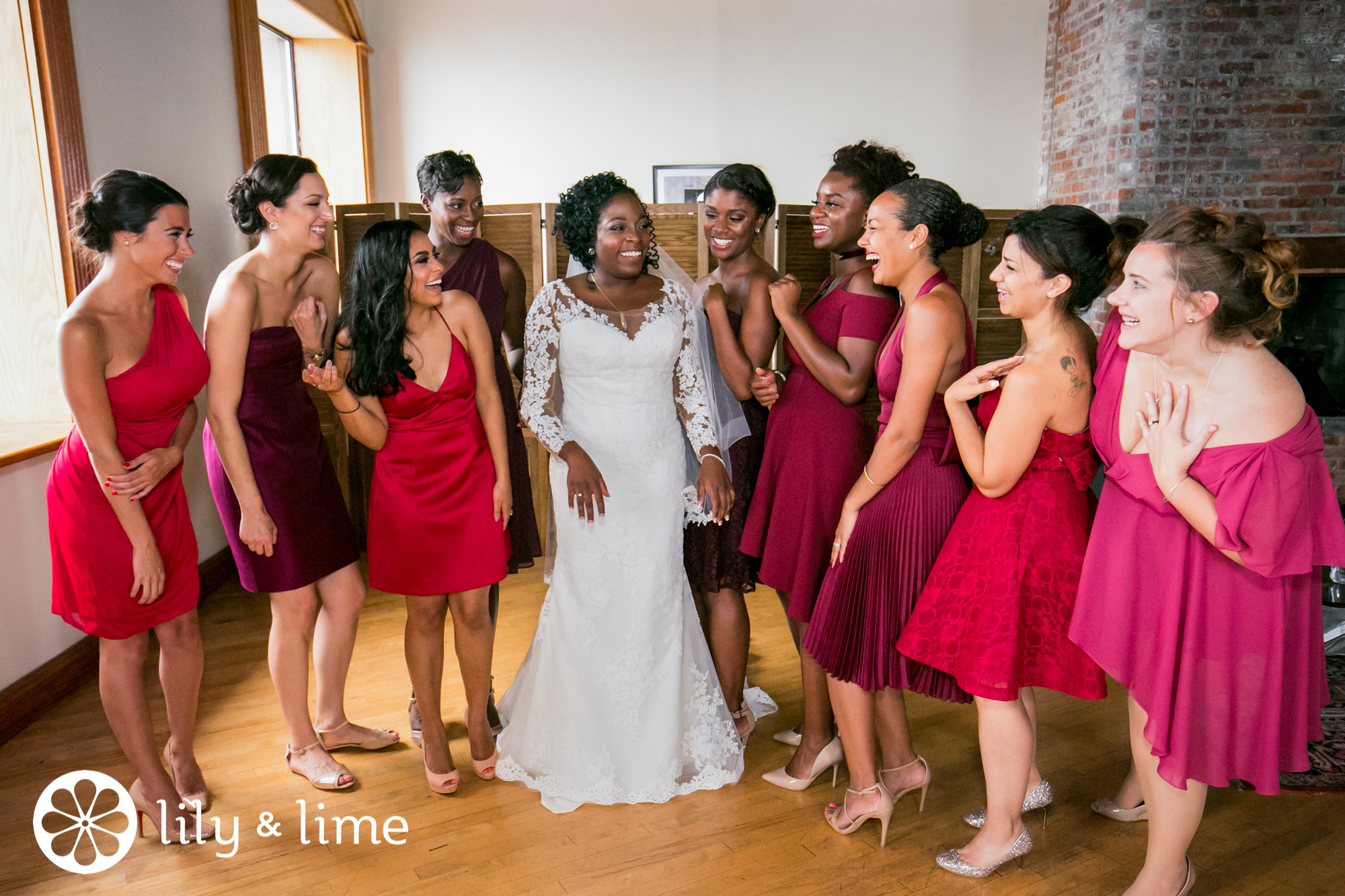 ruby red purple mismatched bridesmaids dresses
