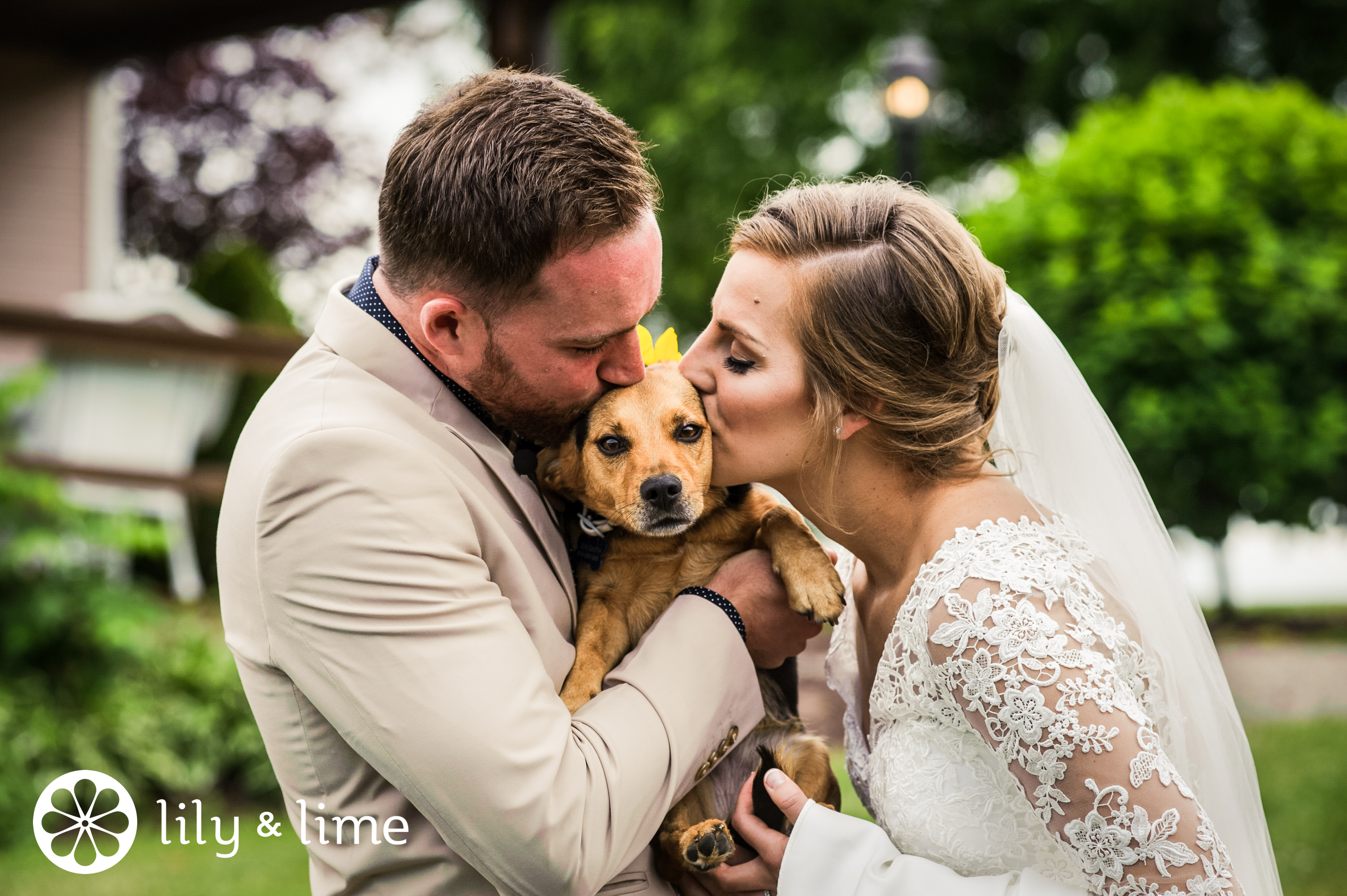 bride and groom with dog