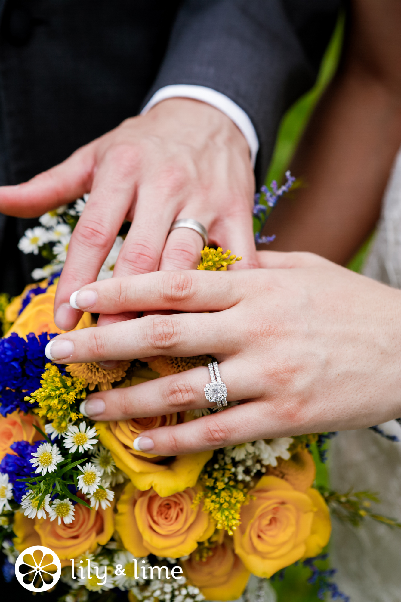 wedding rings on wedding bouquet